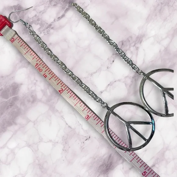 Hand Crafted Peace Earrings Duster Long Pierced Silver Chains Dangle - Picture 3 of 7